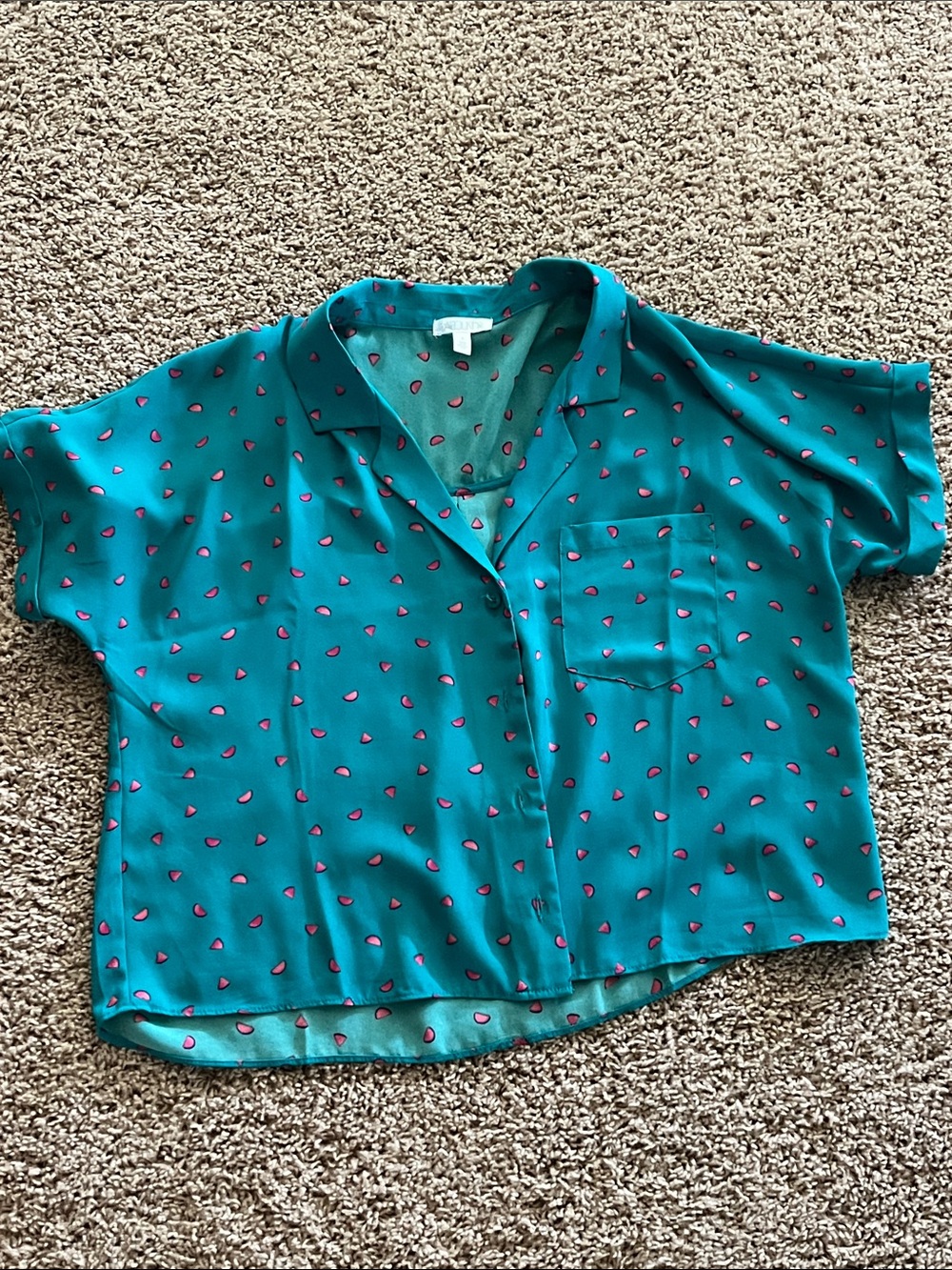 Short Teal Button-Up Camp Shirt with watermelon Print